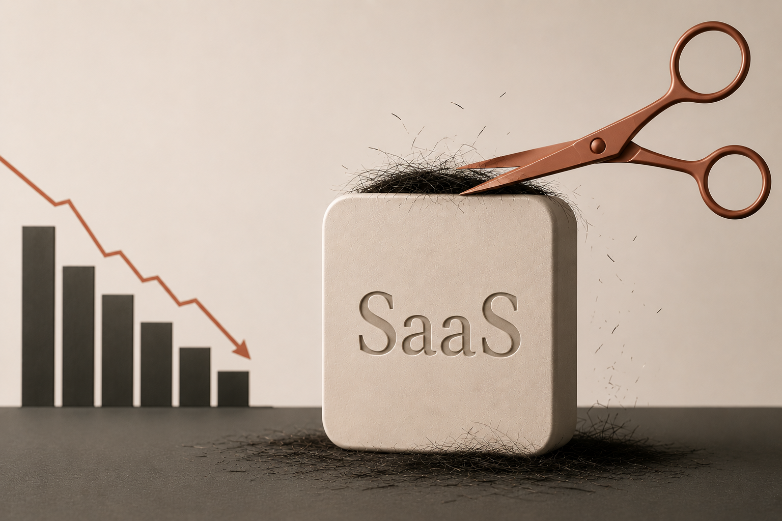 A foam block stamped “SaaS” being trimmed with copper scissors, with shorn shavings scattered across a dark surface and a downward bar chart silhouette behind it.